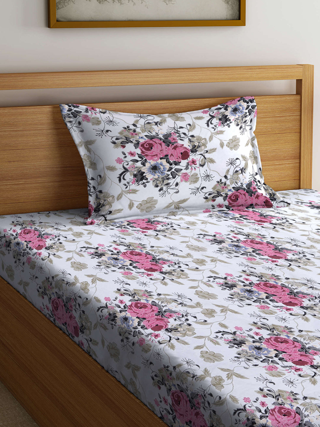 Arrabi White Floral TC Cotton Blend Single Size Bedsheet with 1 Pillow Cover ( 220 X 150 cm)