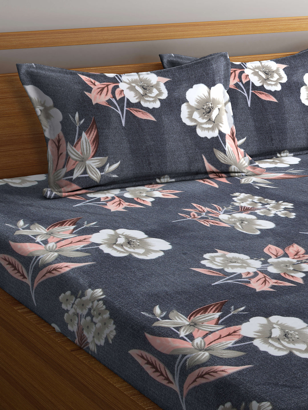 Arrabi Grey Floral TC Cotton Blend King Size Fitted Bedsheet with 2 Pillow Covers (250 X 215 Cm )