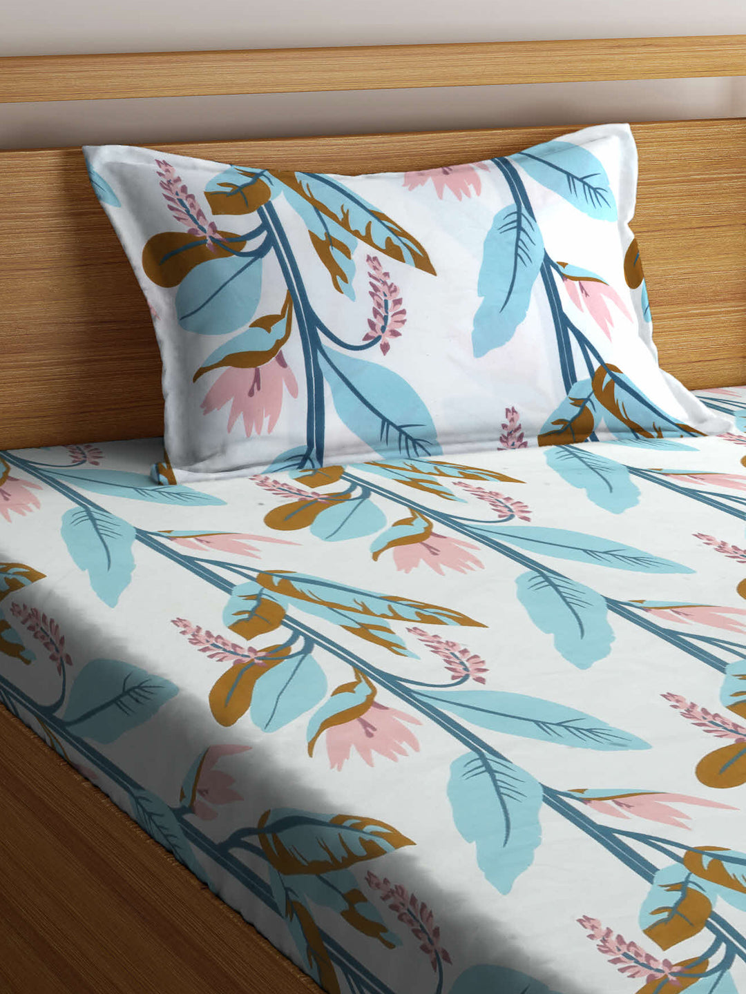 Arrabi Multi Leaf TC Cotton Blend Single Size Bedsheet with 1 Pillow Cover ( 215 X 150 cm)