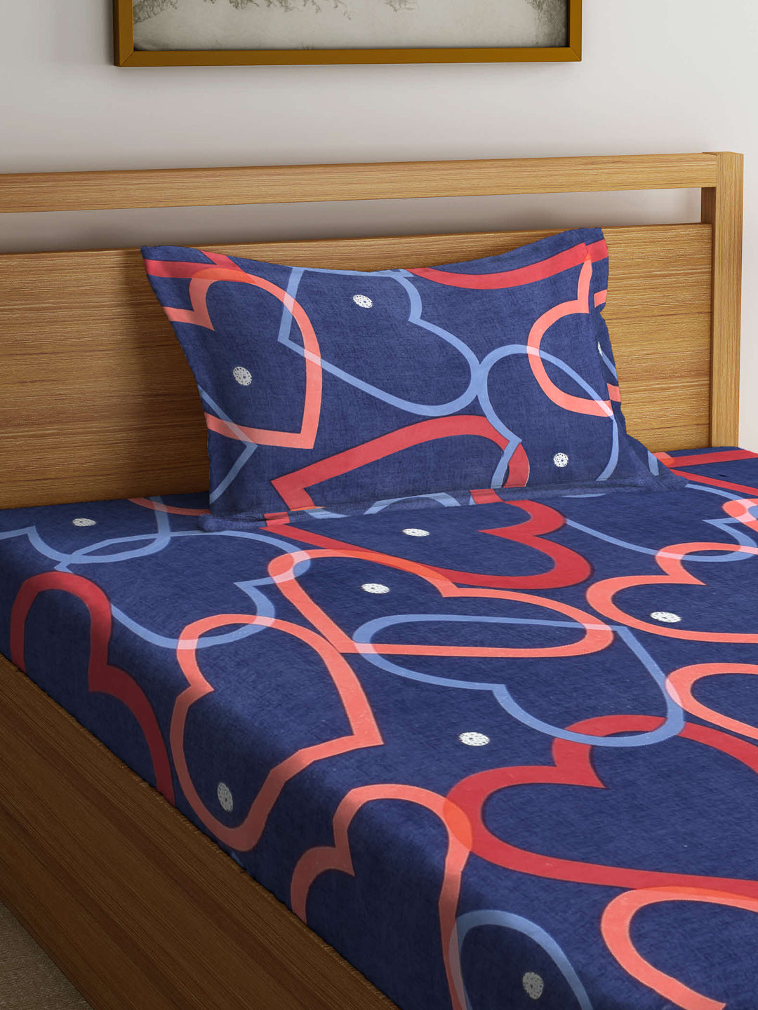 Arrabi Blue Graphic TC Cotton Blend Single Size Bedsheet with 1 Pillow Cover ( 220 X 150 cm)