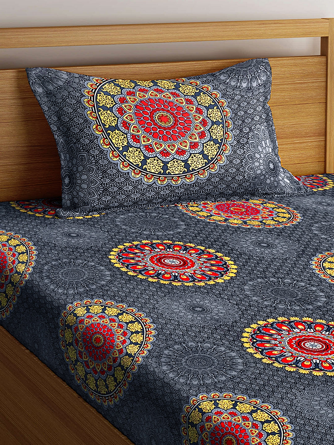 Arrabi Grey Indian TC Polycotton Single Size Bedsheet with 1 Pillow Cover (225 x 150 cm)