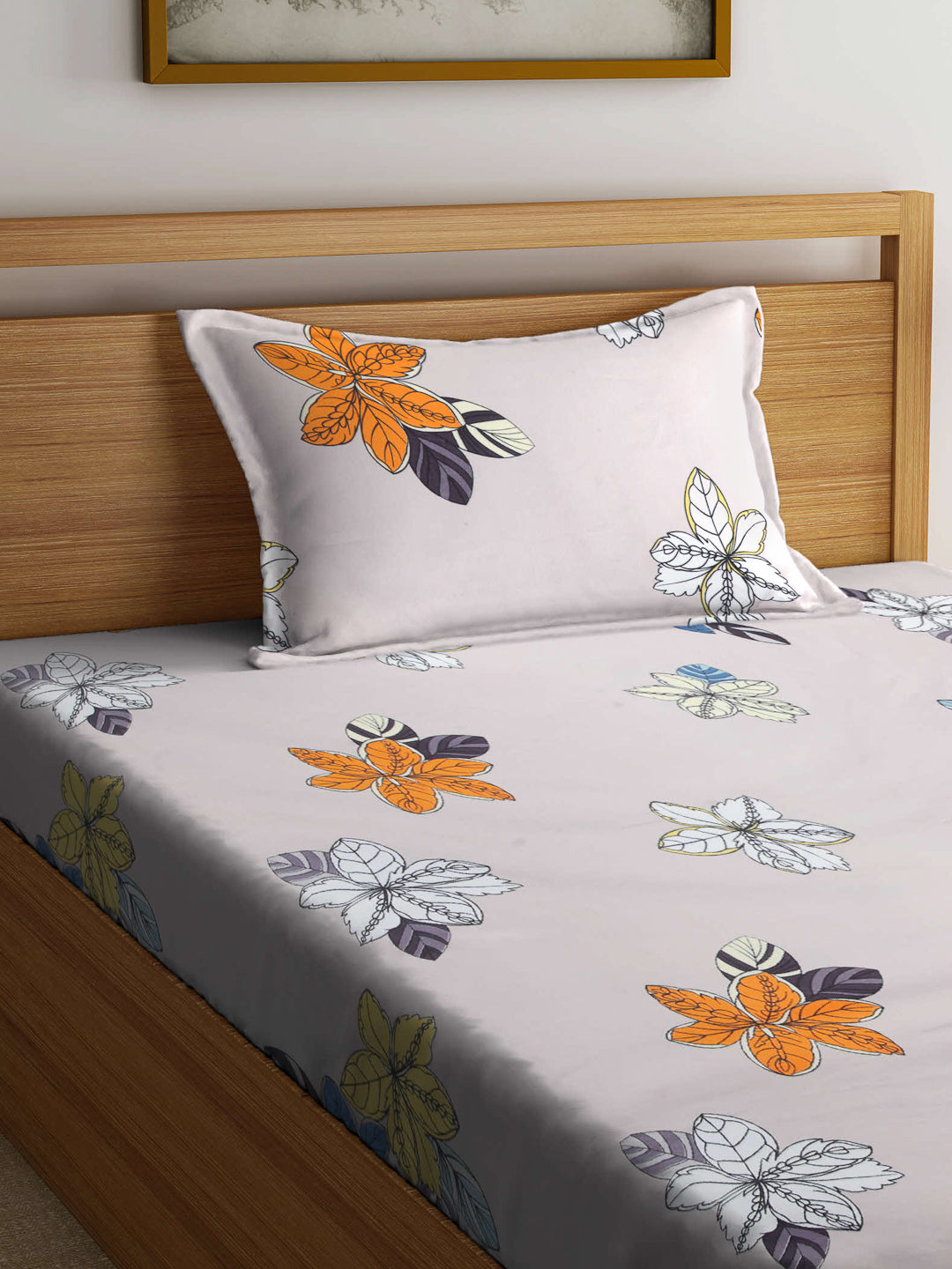 Arrabi Beige Leaf TC Cotton Blend Single Size Fitted Bedsheet with 1 Pillow Cover (220 X 150 cm)