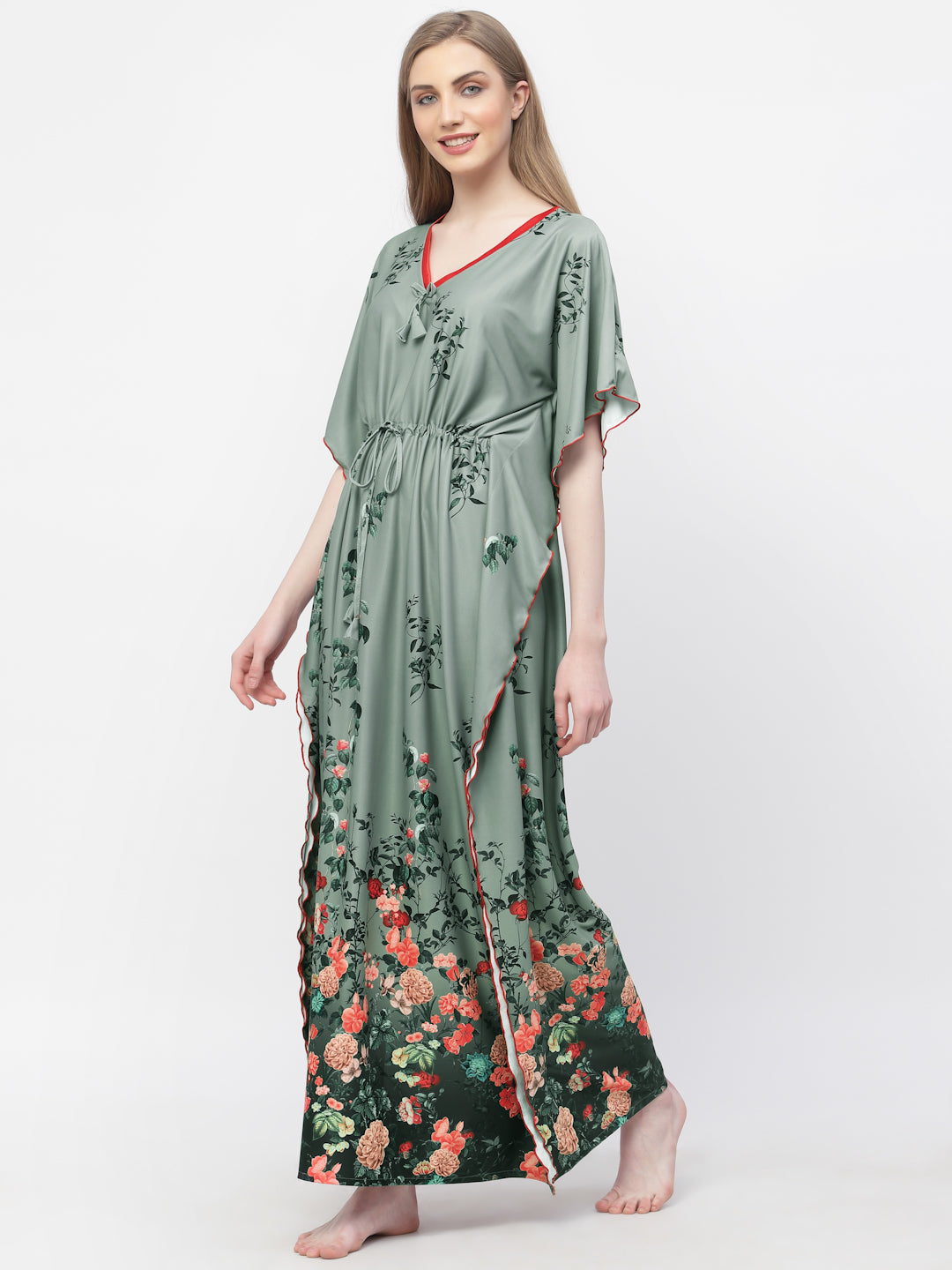 Arrabi Women Olive Floral Kaftan Dress