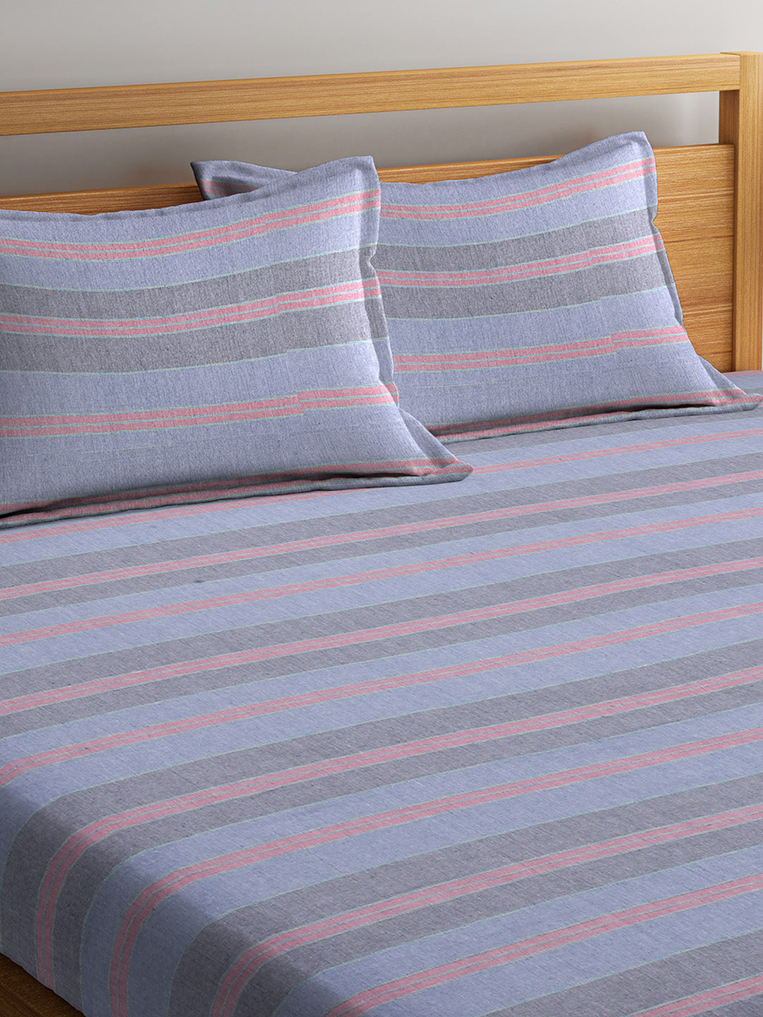 Arrabi Blue & Pink Striped Handwoven Cotton Double King Size Bedsheet with 2 Pillow Covers (260 x 260 cm)