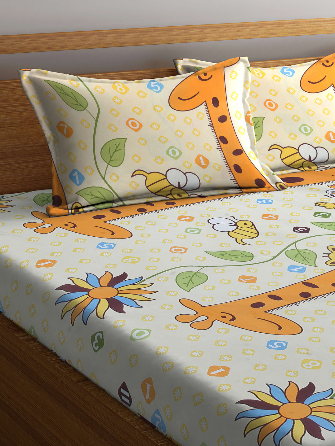 Arrabi Multi Cartoon TC Cotton Blend King Size Fitted Bedsheet with 2 Pillow Covers (250 X 220 Cm )