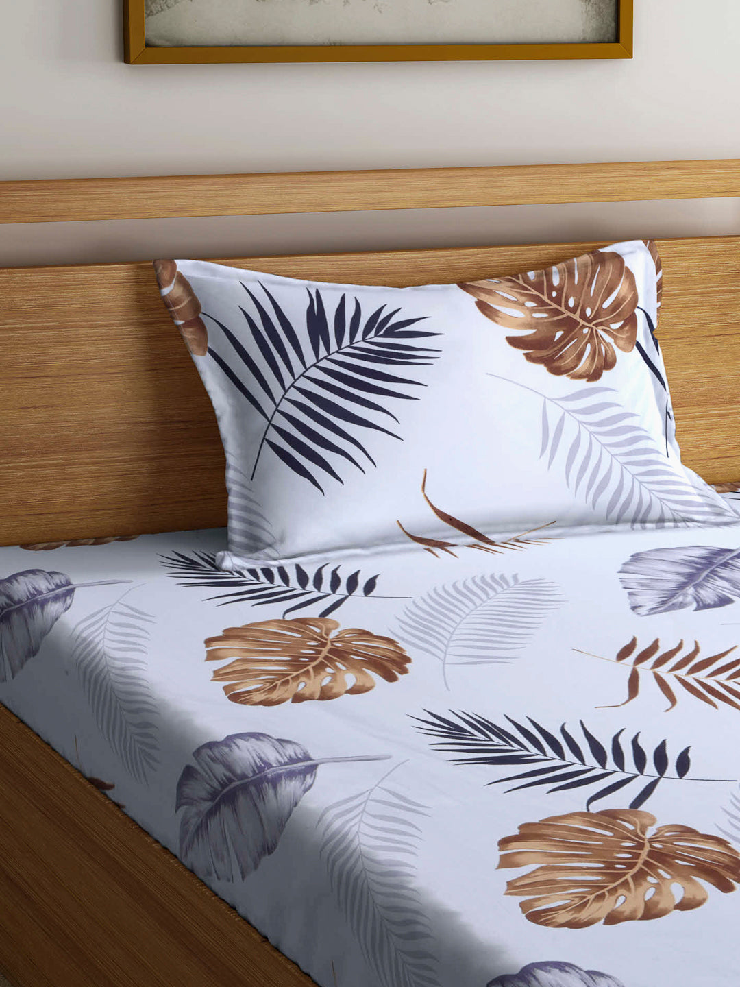 Arrabi White Leaf TC Cotton Blend Single Size Bedsheet with 1 Pillow Cover (220 X 150 cm)