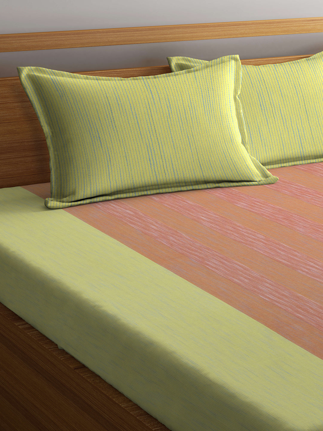 Arrabi Yellow Stripes Handwoven Cotton King Size Bedsheet with 2 Pillow Covers (260 X 230 cm)