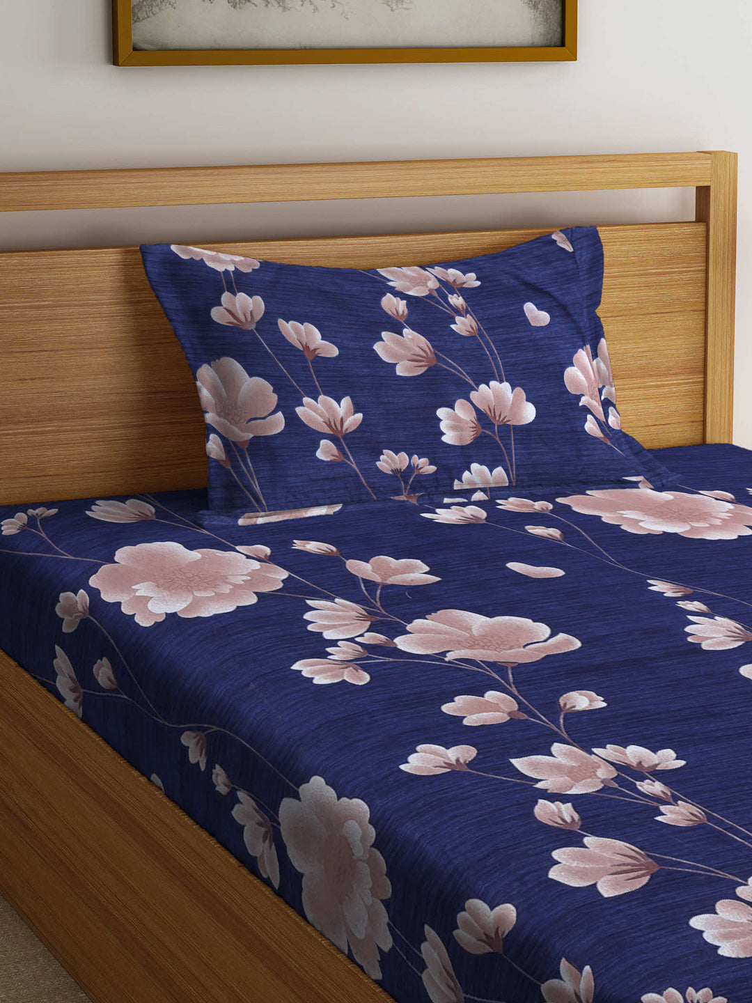 Arrabi Blue Floral TC Cotton Blend Single Size Bedsheet with 1 Pillow Cover (220 X 150 cm)