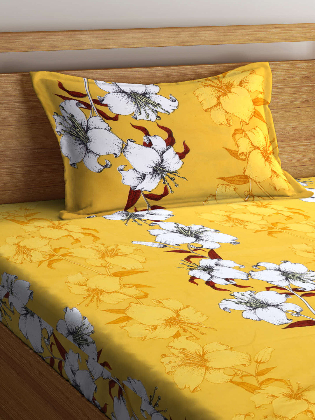 Arrabi Yellow Floral TC Cotton Blend Single Size Fitted Bedsheet with 1 Pillow Cover (220 X 150 cm)