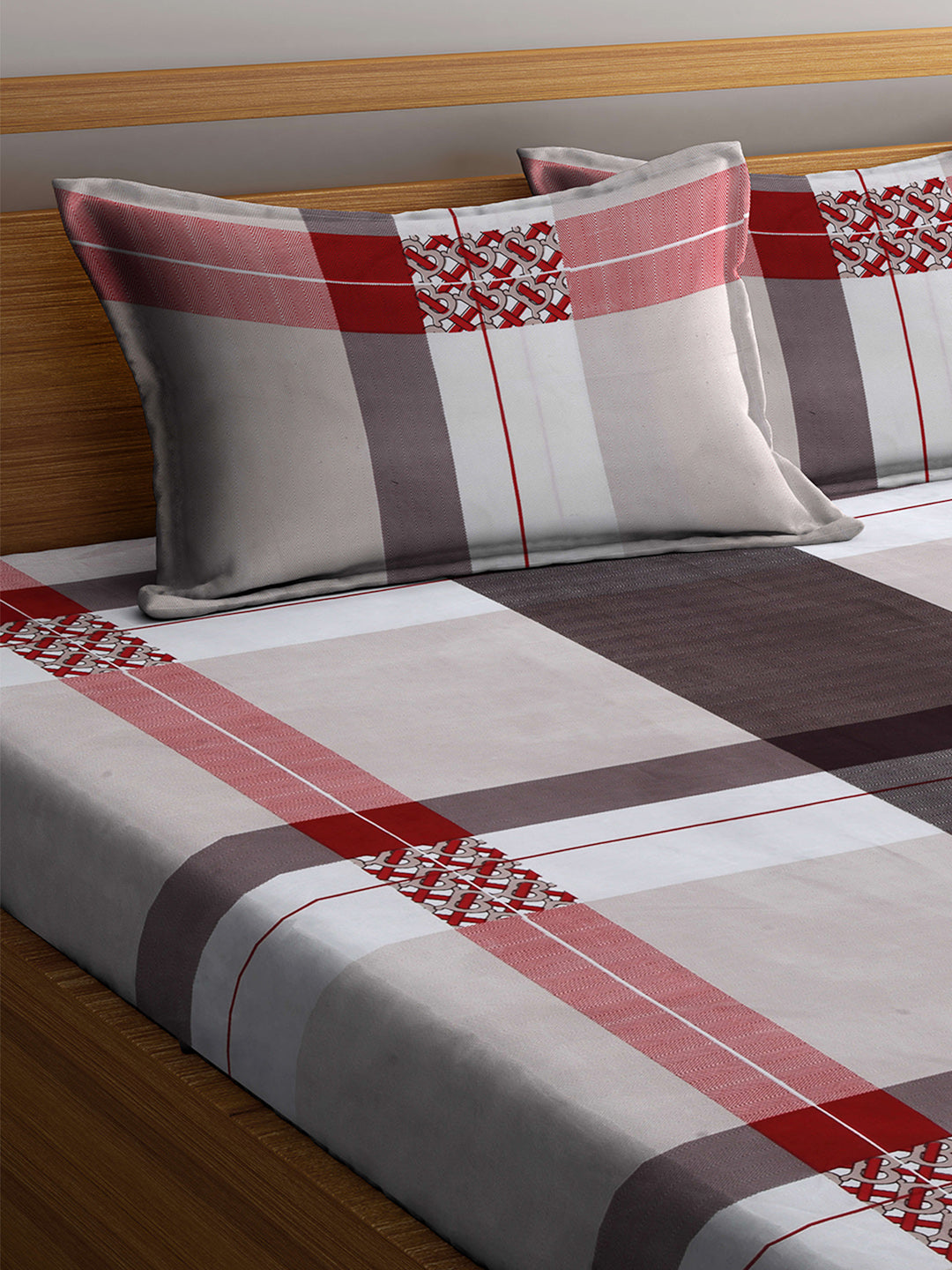 Arrabi Beige Stripes TC Cotton Blend Double Size Fitted Bedsheet with 2 Pillow Cover ( 250 x 225 cm)