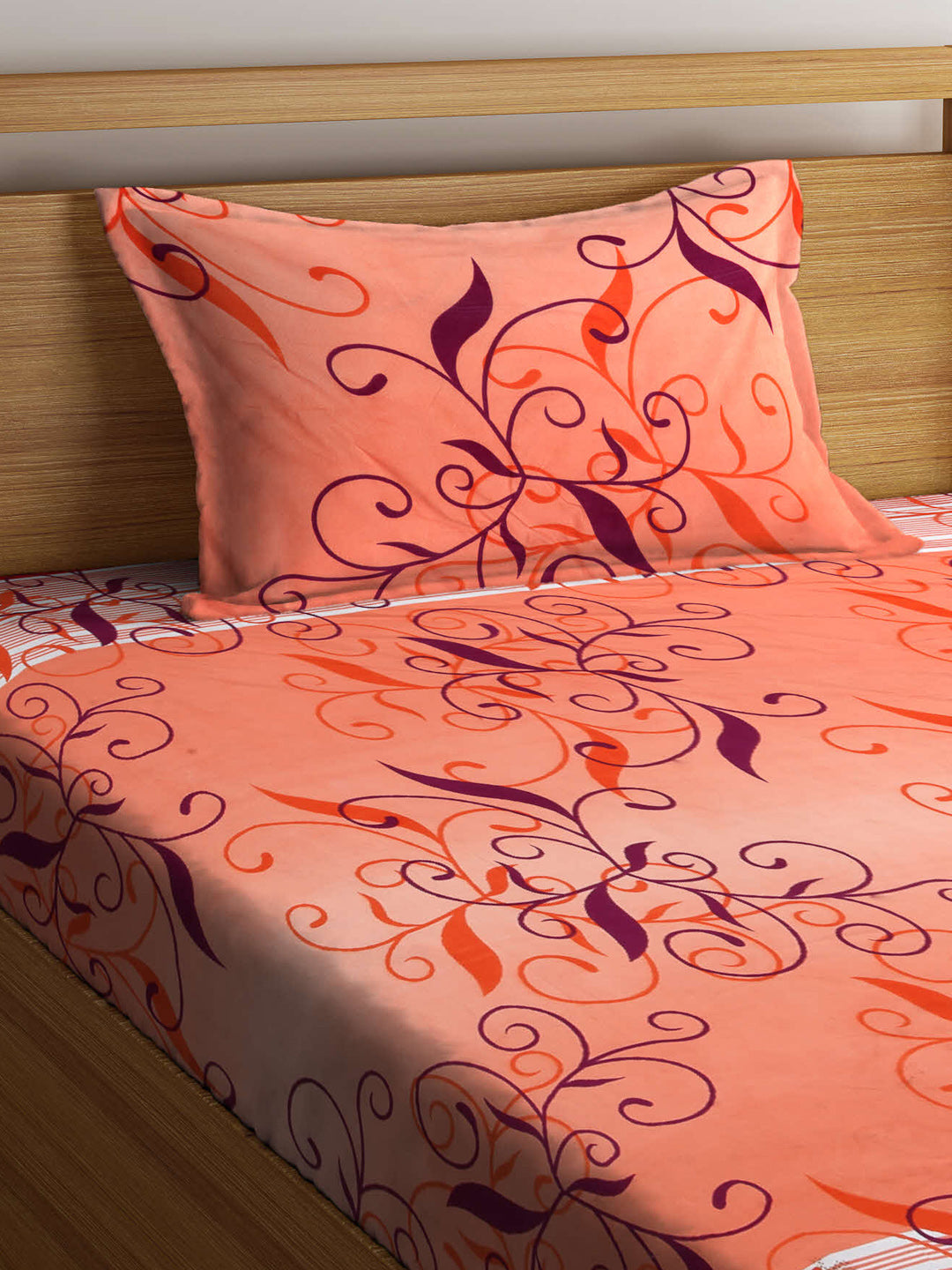 Arrabi Orange Leaf TC Cotton Blend Single Size Bedsheet with 1 Pillow Cover ( 215 X 150 cm)