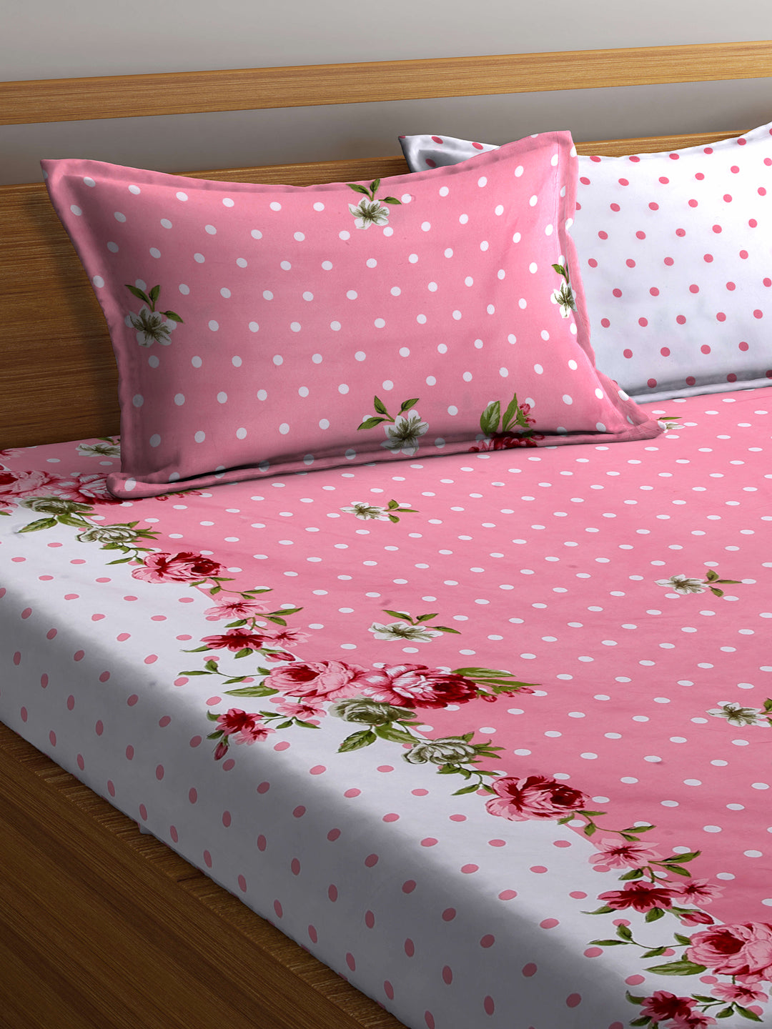 Arrabi Pink Floral TC Cotton Blend King Size Fitted Bedsheet with 2 Pillow Covers (250 X 215 Cm )