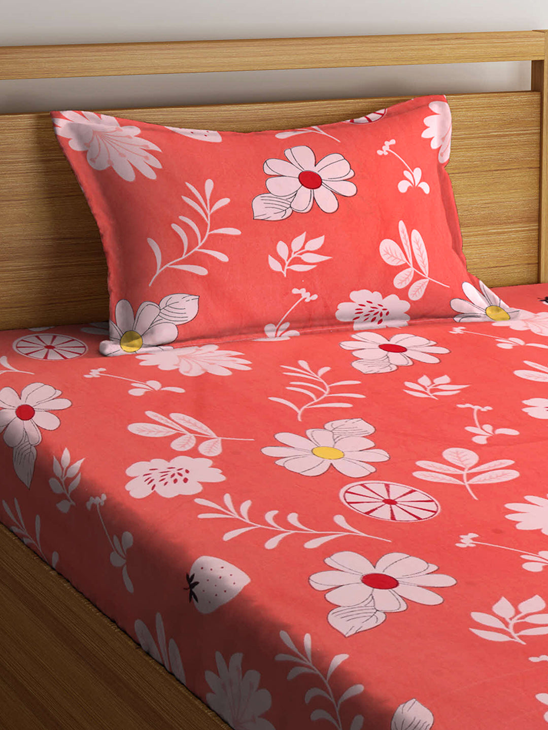 Arrabi Orange Floral TC Cotton Blend Single Size Fitted Bedsheet with 1 Pillow Cover (220 X 150 cm)
