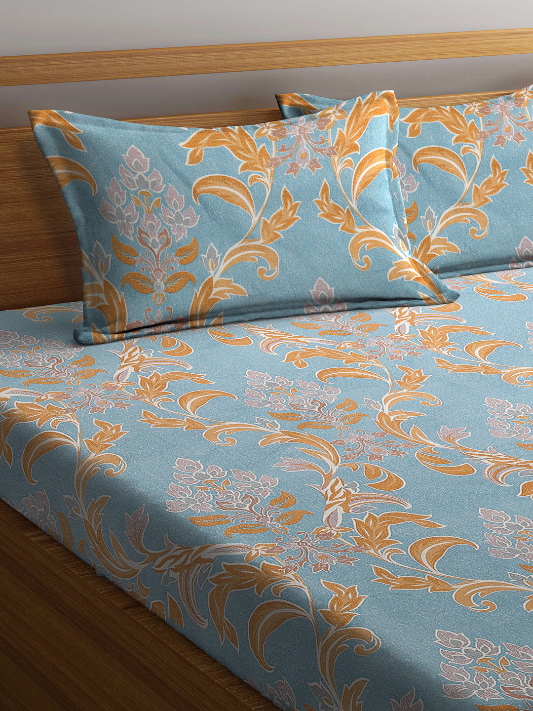 Arrabi Blue Indian TC Cotton Blend Super King Size Bedsheet with 2 Pillow Covers (270 X 260 cm)