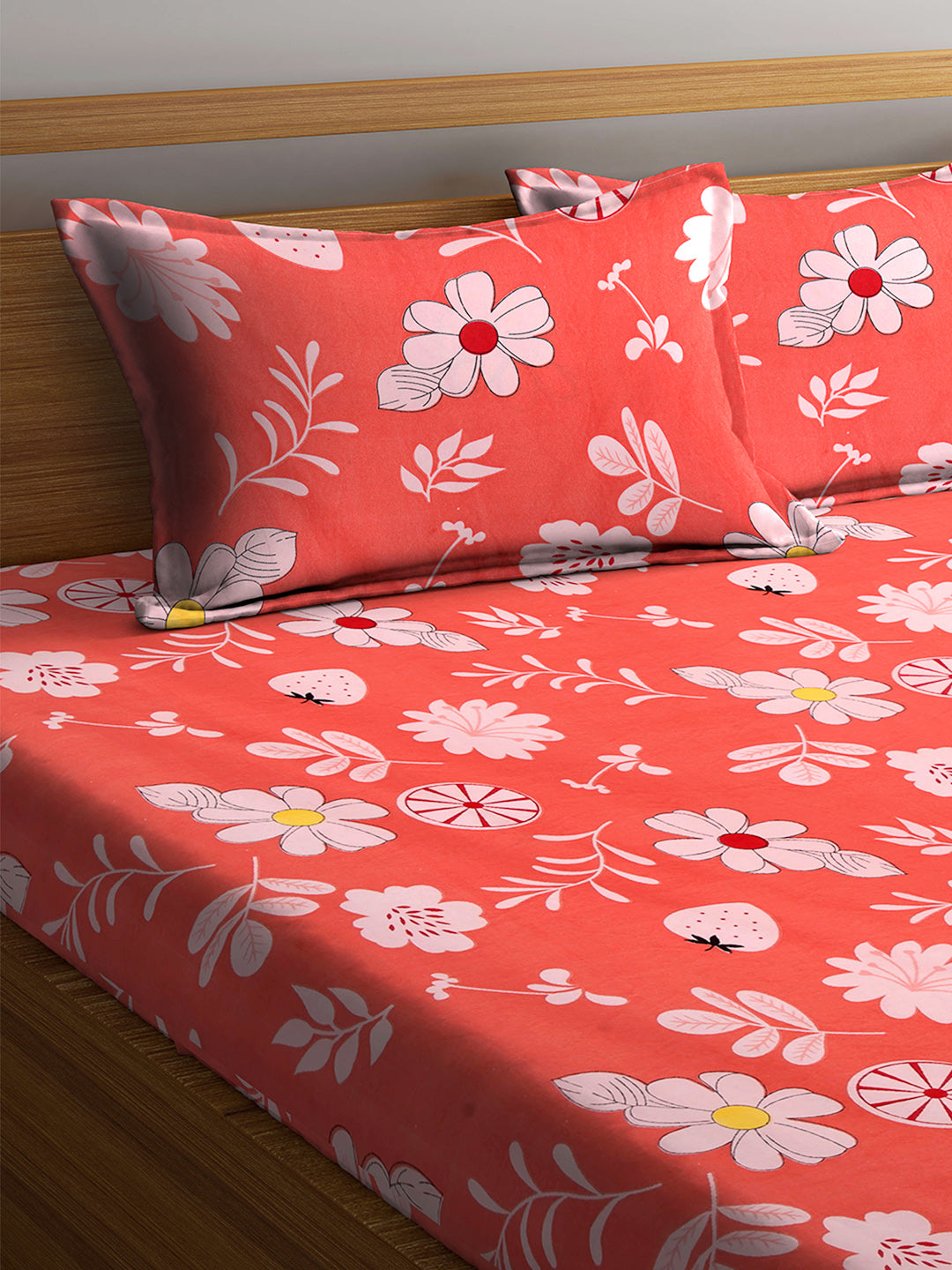 Arrabi Orange Floral TC Cotton Blend Double Size Bedsheet with 2 Pillow Cover