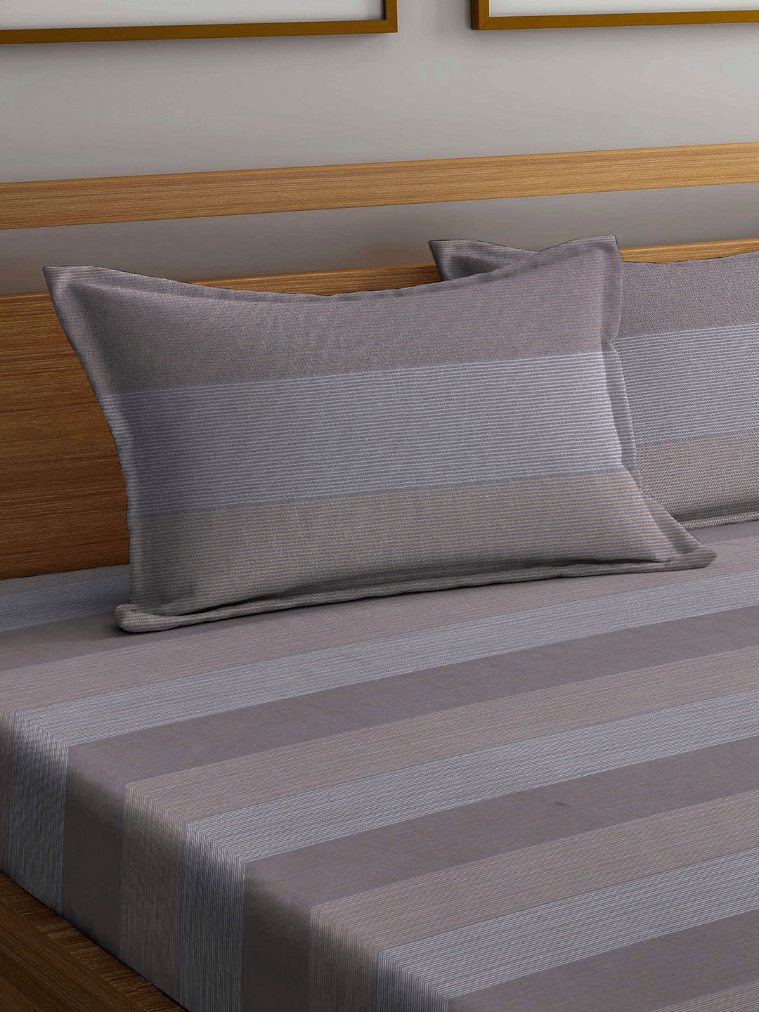 Arrabi Beige Stripes Handwoven Cotton King Size Bedsheet with 2 Pillow Covers (260 X 250 cm)