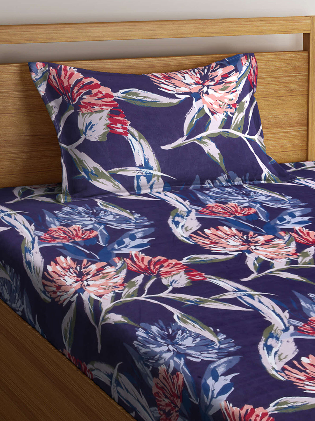Arrabi Blue Floral TC Cotton Blend Single Size Fitted Bedsheet with 1 Pillow Cover (220 X 150 cm)