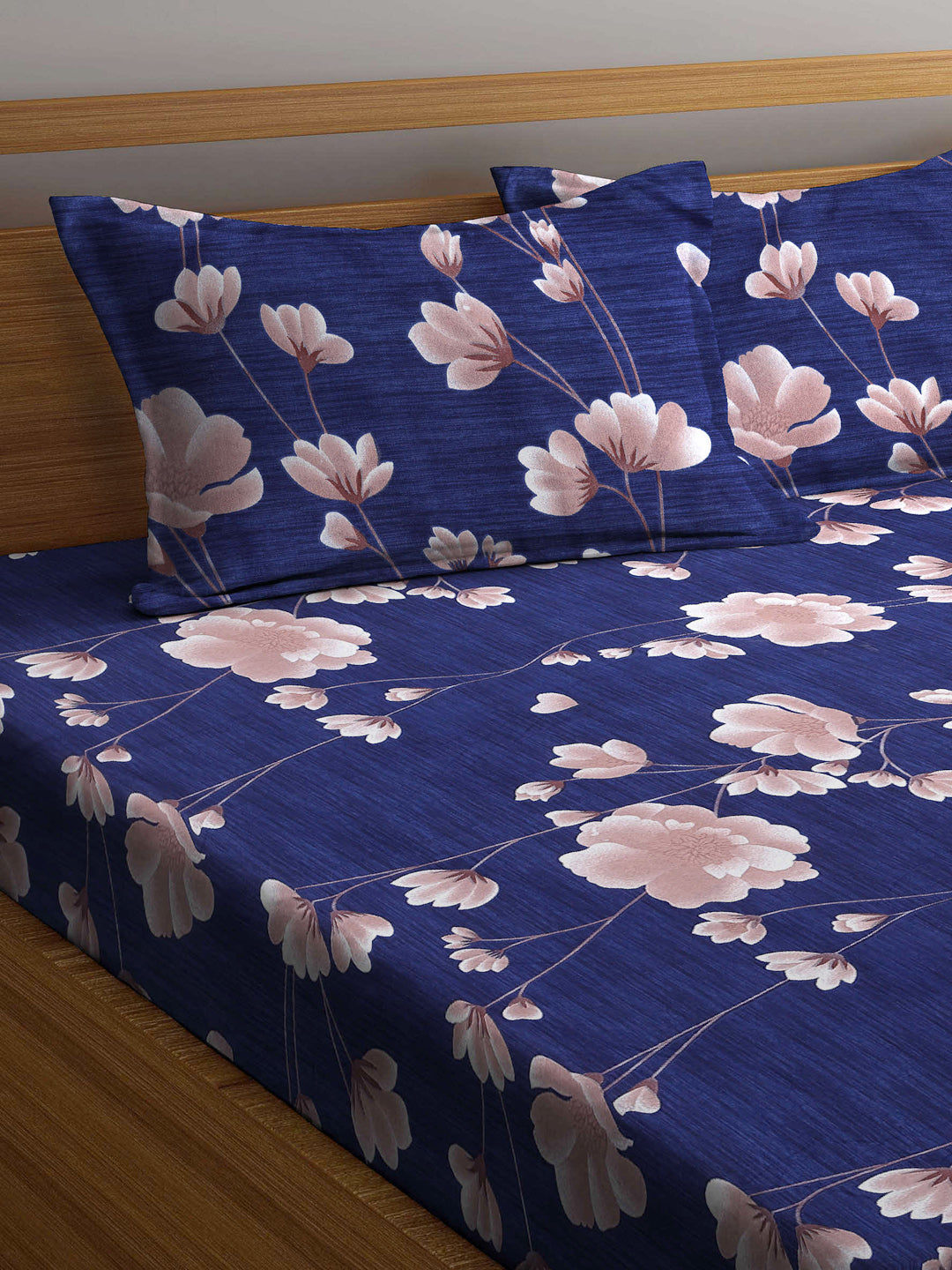 Arrabi Blue Floral TC Cotton Blend Double Size Bedsheet with 2 Pillow Covers