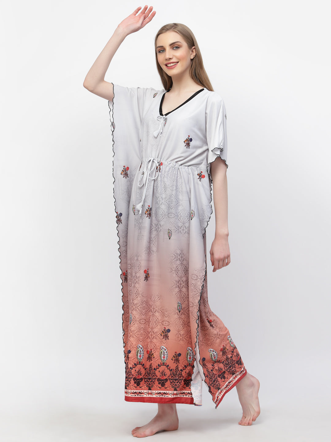 Arrabi Women Grey Floral Kaftan Dress