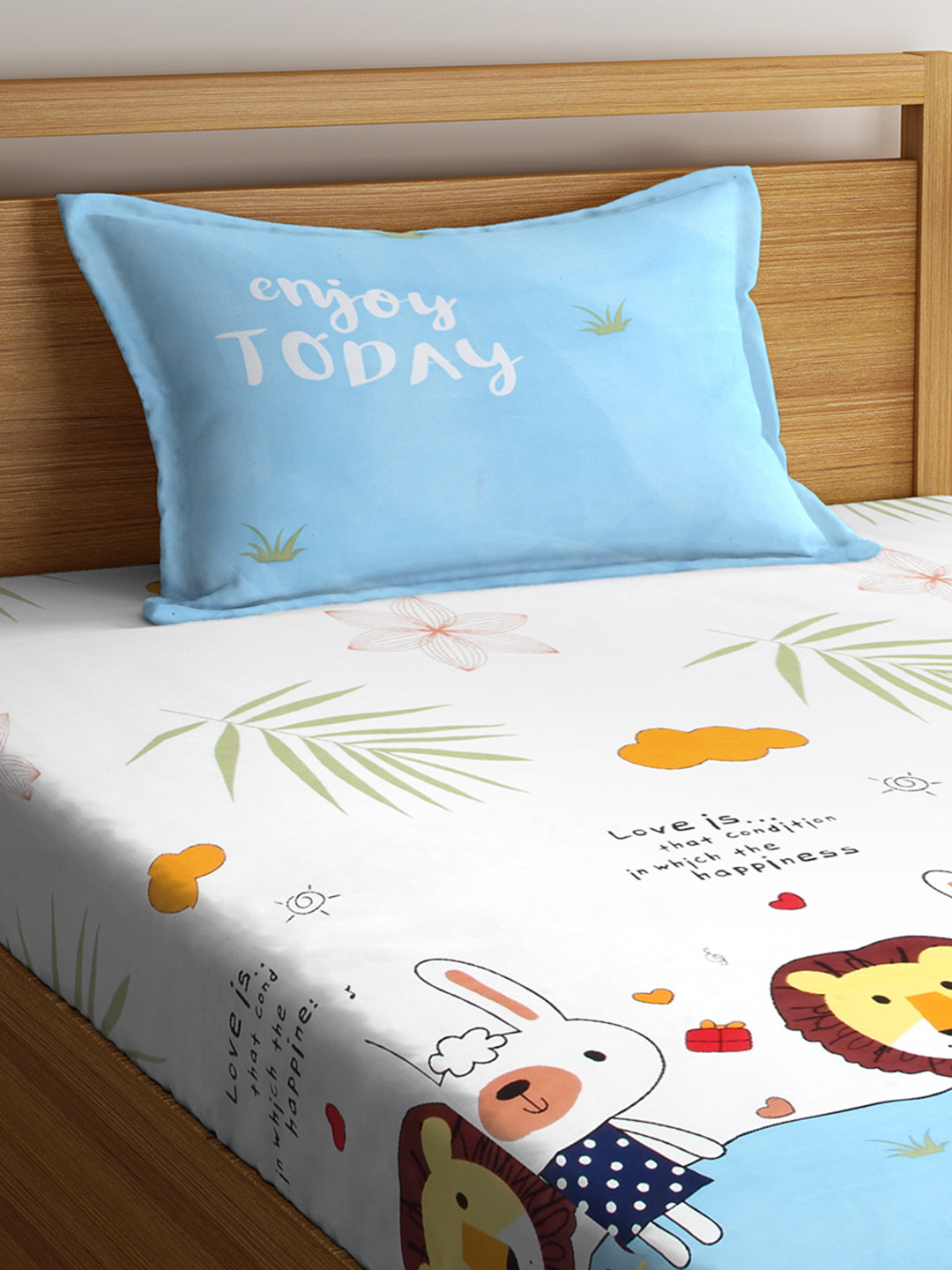 Arrabi Multi Cartoon TC Cotton Blend Single Size Fitted Bedsheet with 1 Pillow Cover (220 X 150 cm)