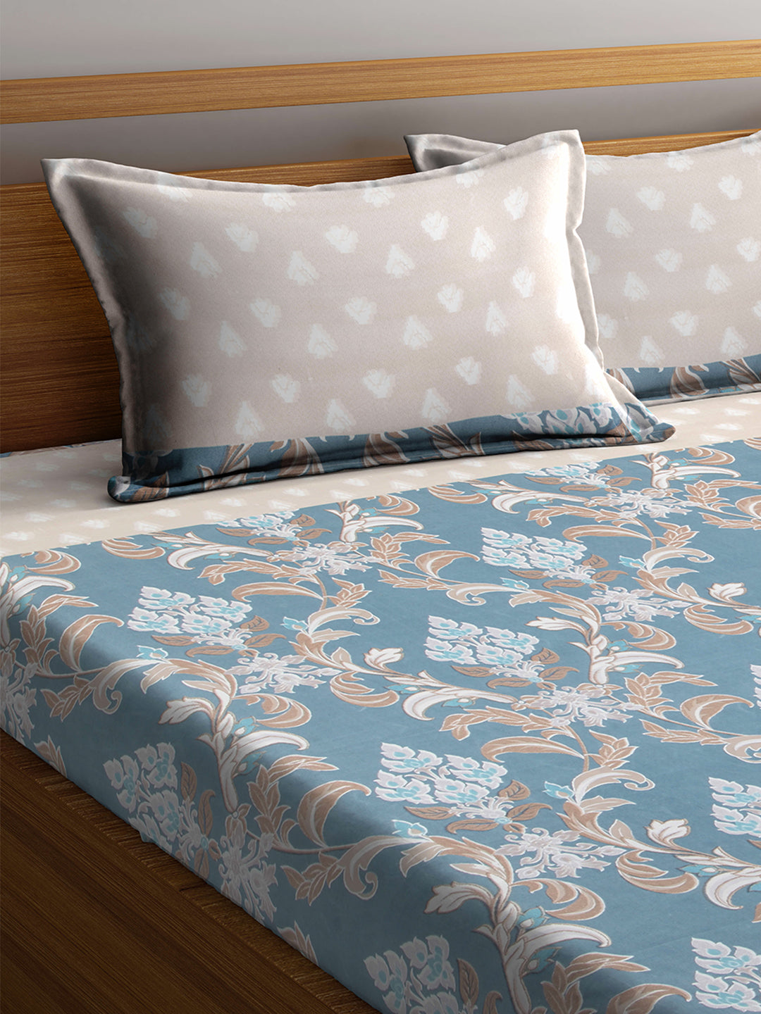Arrabi Beige Graphic TC Polycotton Double King Size Bedsheet with 2 Pillow Cover (270 x 260 cm)