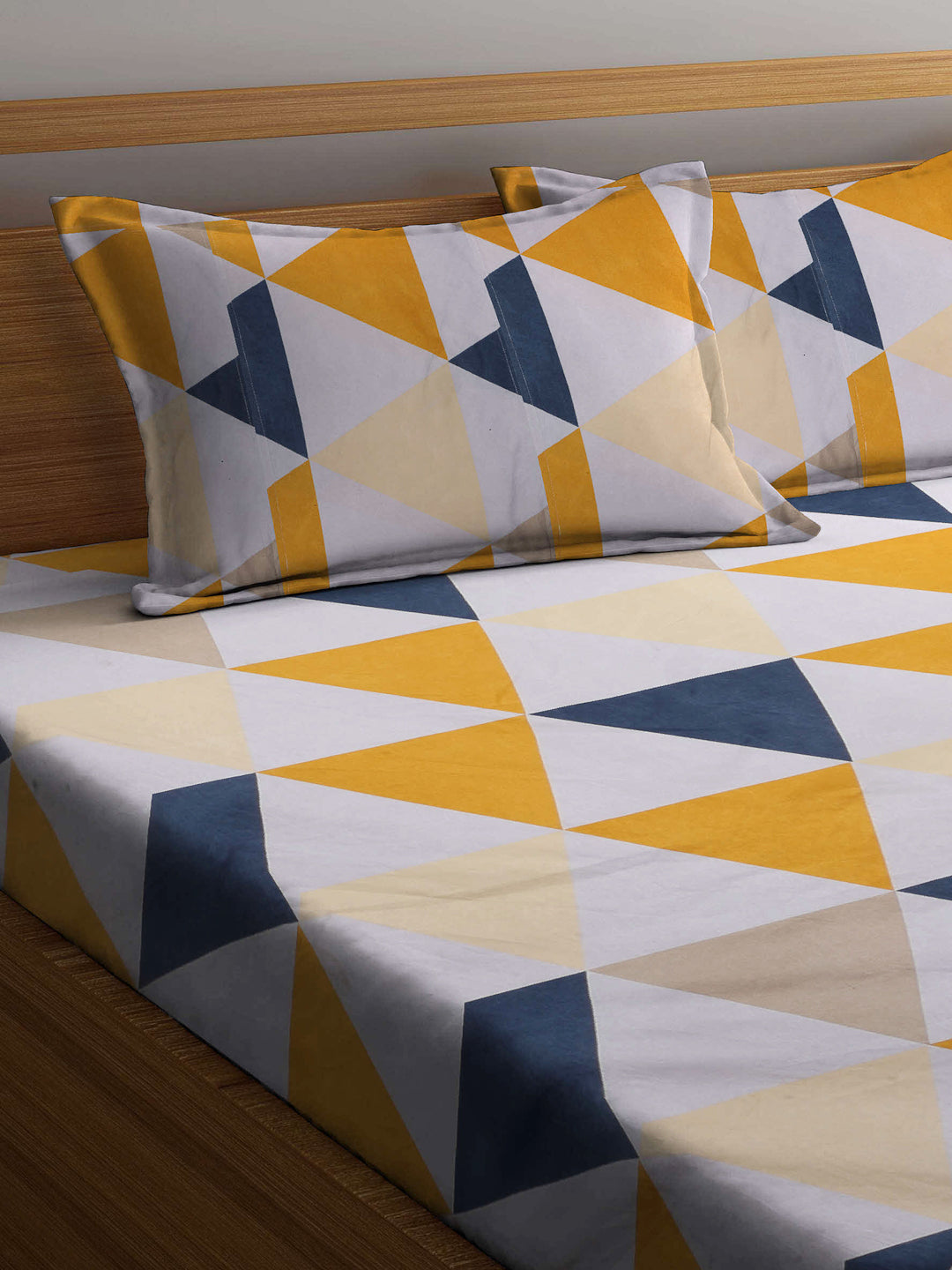 Arrabi Multi Geometric TC Cotton Blend Double King Size Fitted Bedsheet with 2 Pillow Covers (270 X 260 cm)