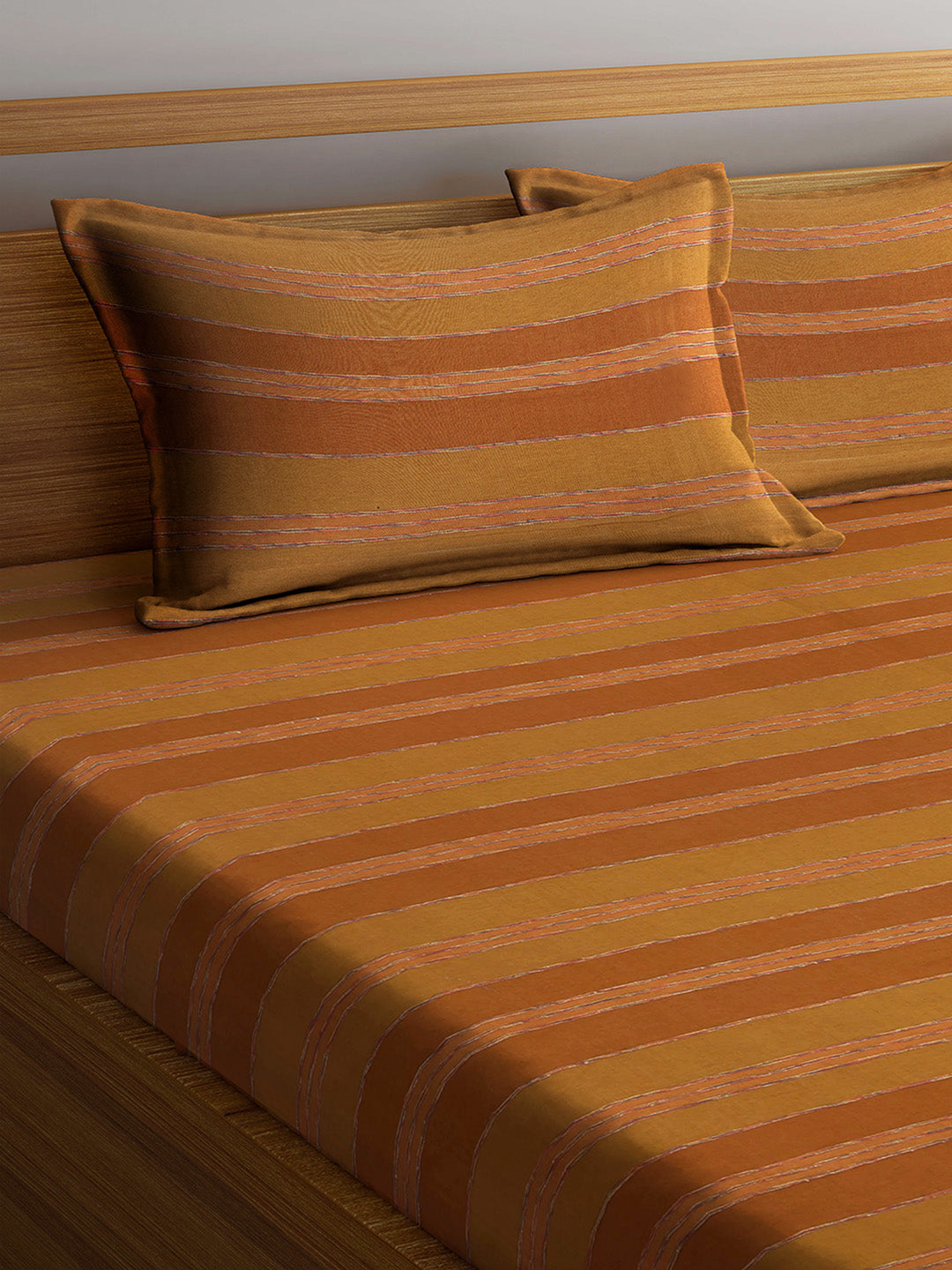 Arrabi Brown Stripes Handwoven Cotton Double King Size Bedsheet with 2 Pillow Covers (270 x 270 cm)