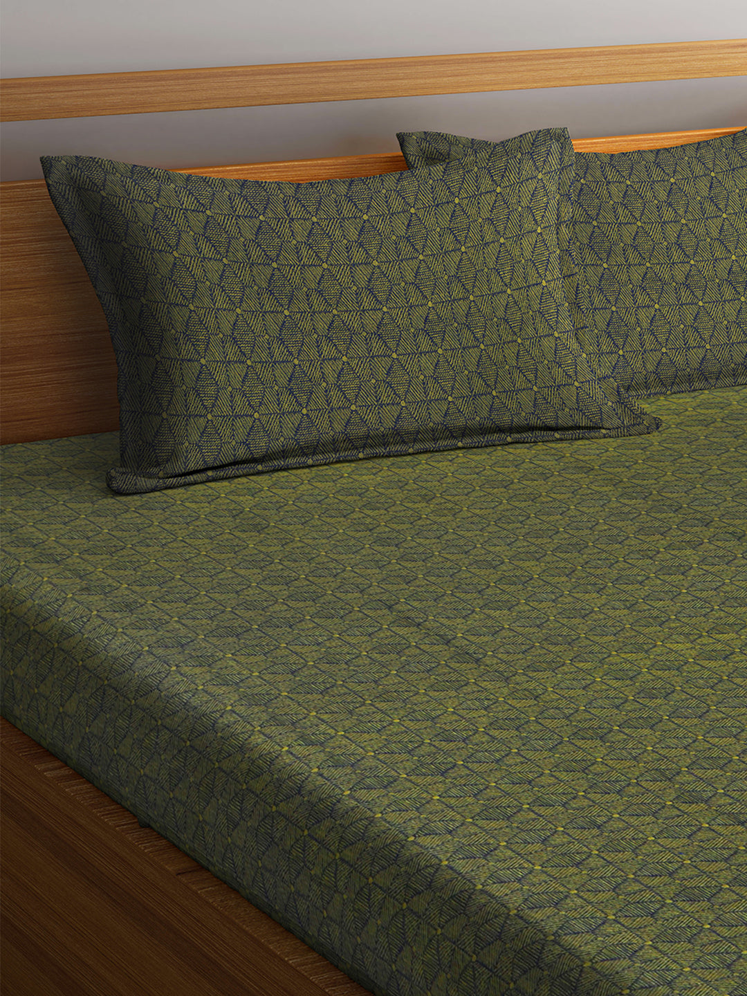 Arrabi Green Blocks Handwoven Cotton Double Size Bedsheet with 2 Pillow Covers (260 x 230 cm)