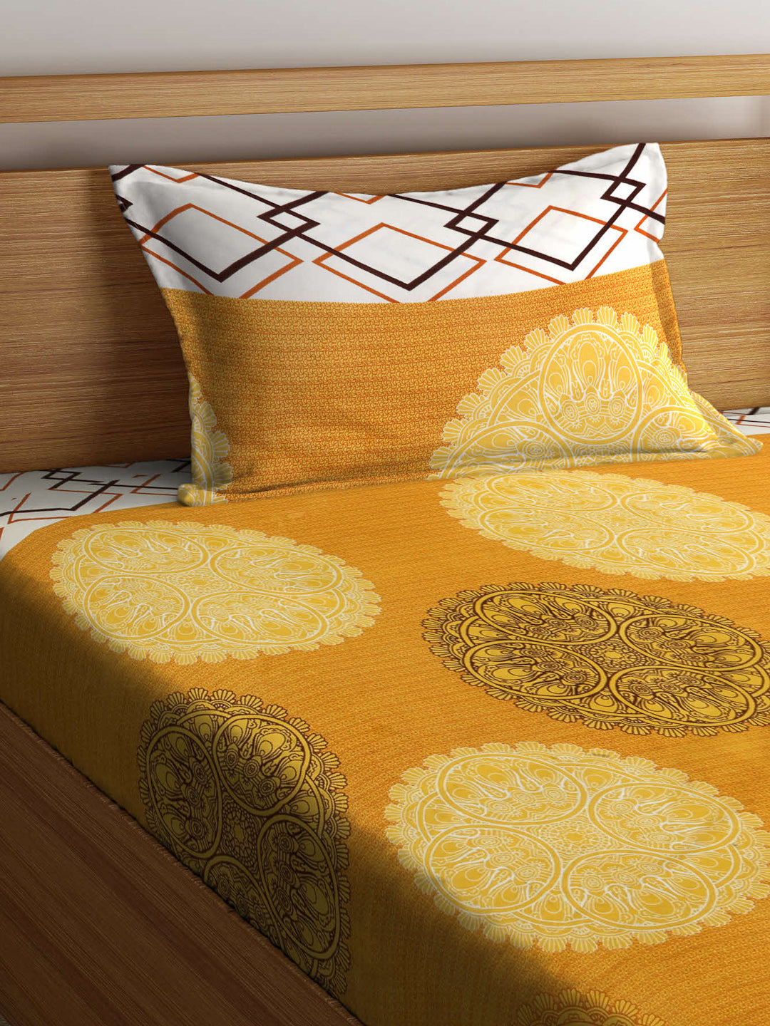 Arrabi Yellow Indian TC Cotton Blend Single Size Bedsheet with 1 Pillow Cover ( 215 X 150 cm)