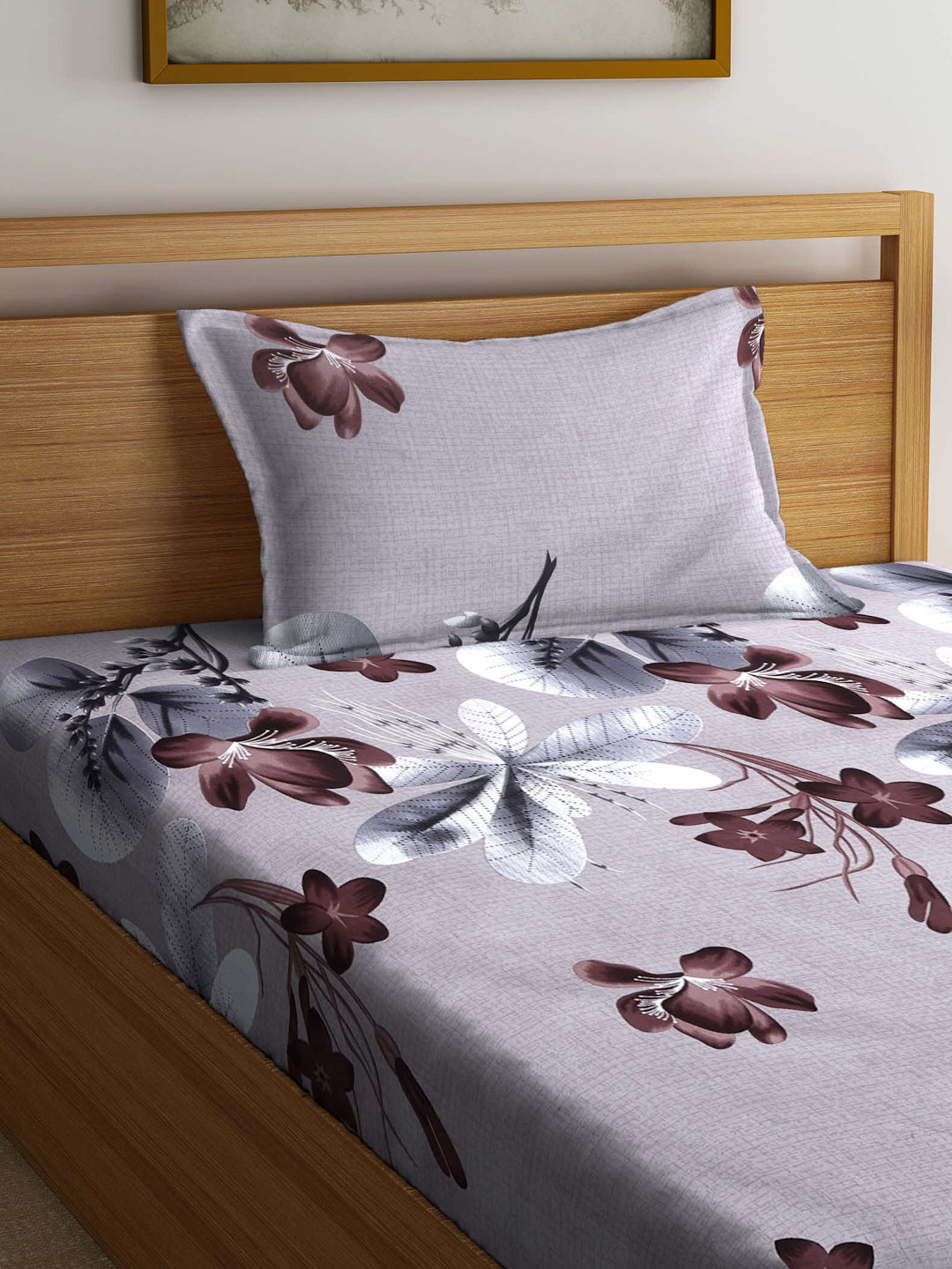 Arrabi Brown Floral TC Cotton Blend Single Size Fitted Bedsheet with 1 Pillow Cover (220 X 150 cm)