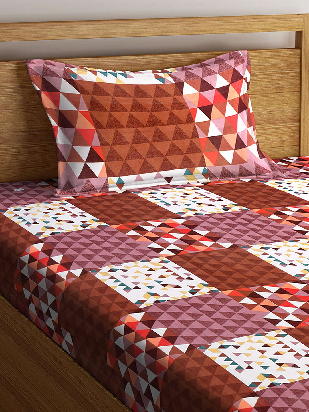 Arrabi Brown Geometric TC Cotton Blend Single Size Fitted Bedsheet with 1 Pillow Cover (220 X 150 cm)