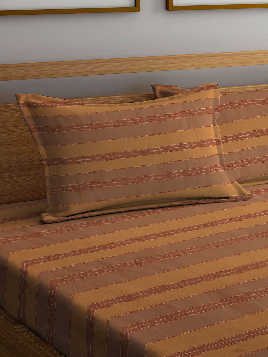 Arrabi Brown Stripes Handwoven Cotton King Size Bedsheet with 2 Pillow Covers (260 X 250 cm)