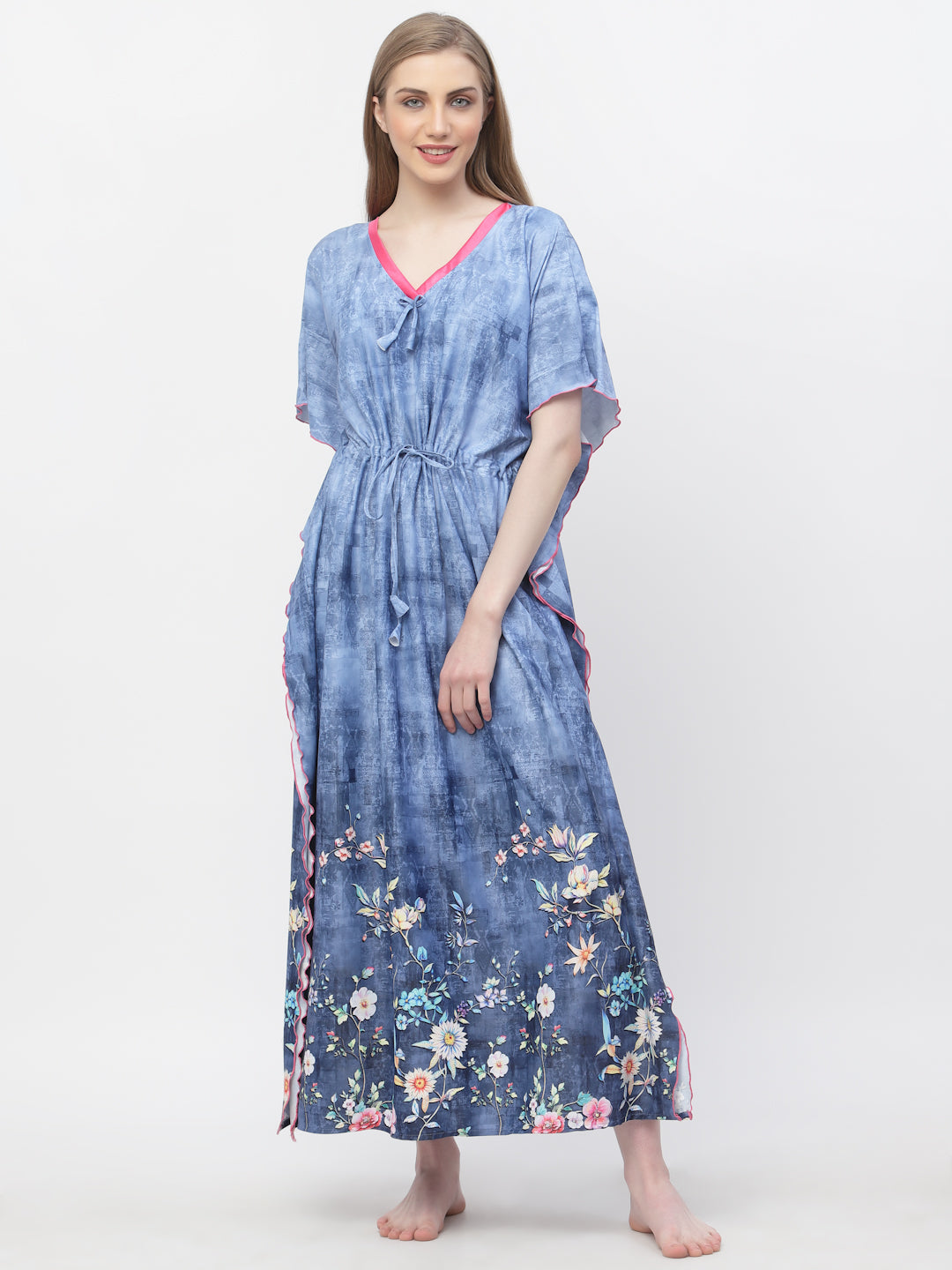 Arrabi Women Blue Floral Kaftan Dress