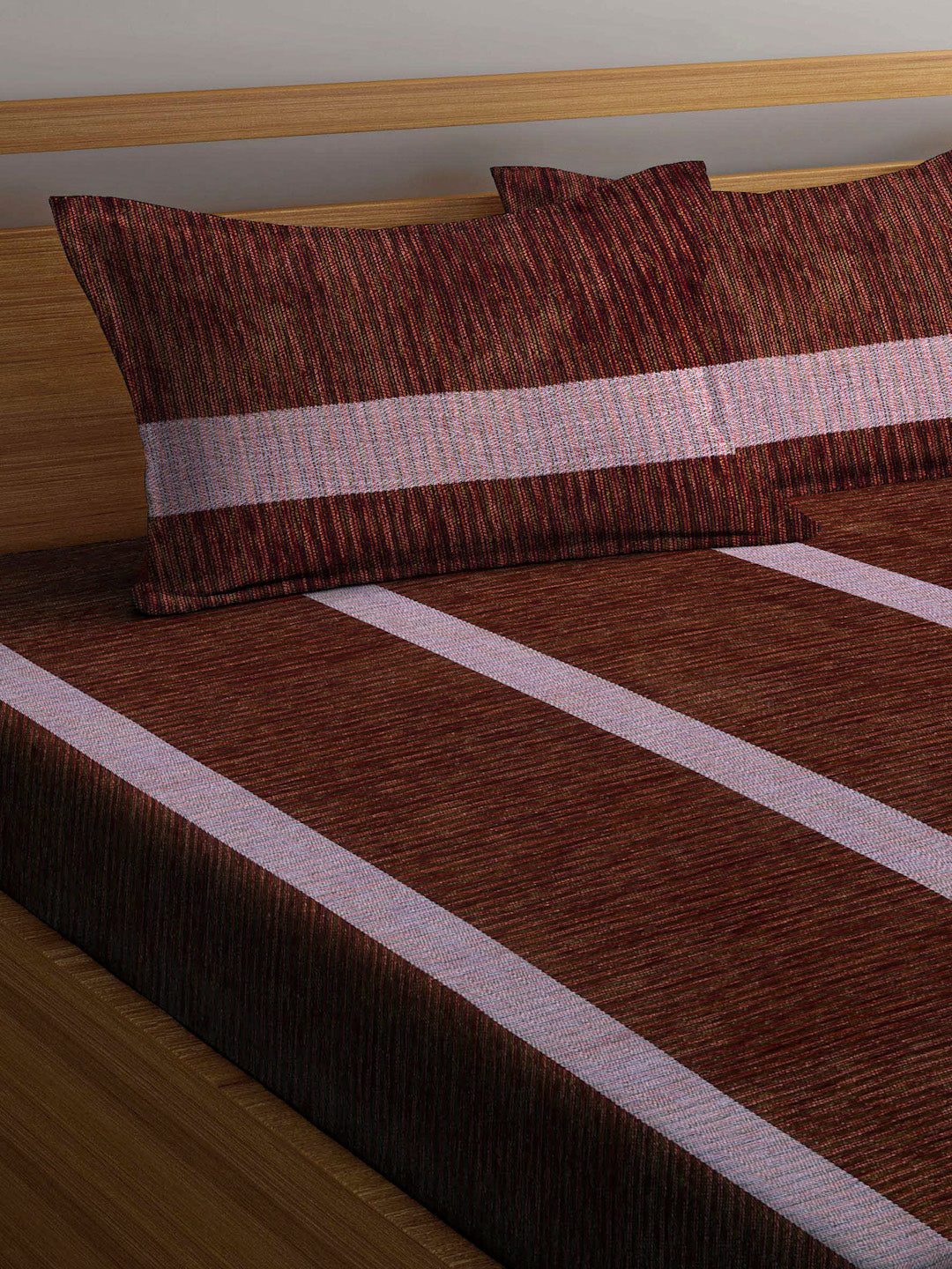 Arrabi Brown Stripes Handwoven Cotton King Size Bedsheet with 2 Pillow Covers (260 X 230 cm)