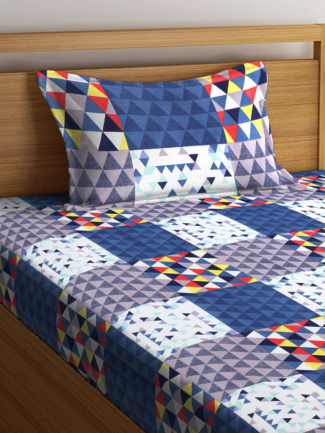 Arrabi Blue Geometric TC Cotton Blend Single Size Fitted Bedsheet with 1 Pillow Cover (220 X 150 cm)