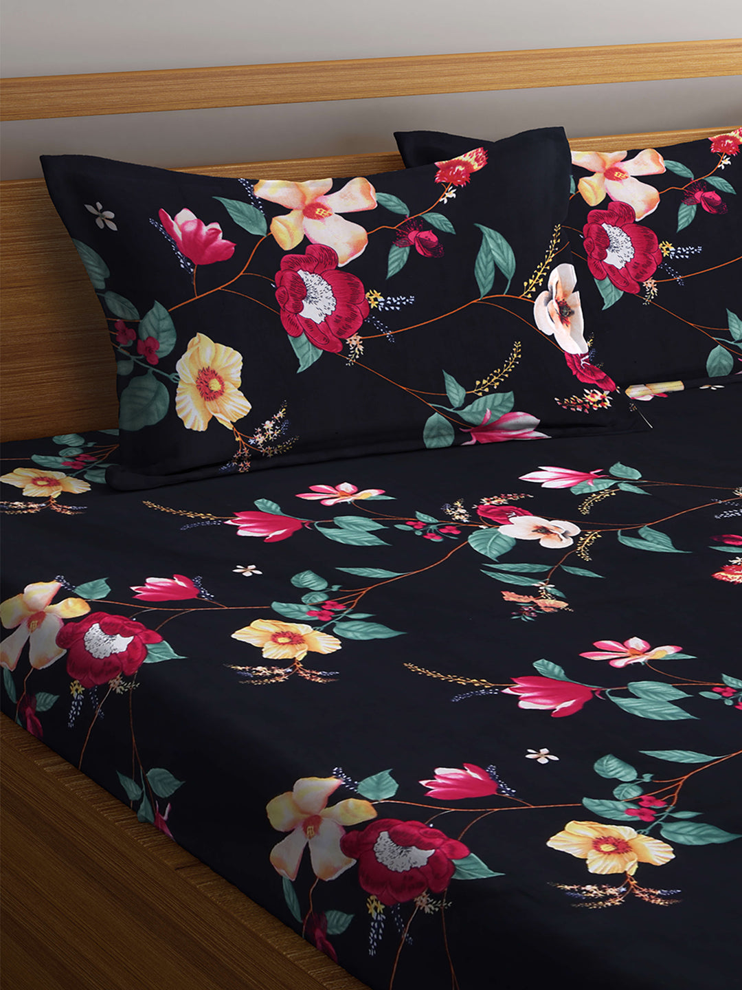 Arrabi Black Floral TC Cotton Blend Double Size Fitted Bedsheet with 2 Pillow Covers (250 X 220 cm)