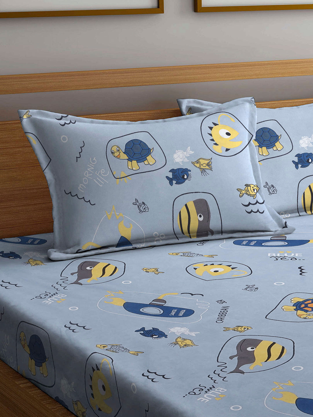 Arrabi Grey Cartoon TC Cotton Blend Double Size Bedsheet with 2 Pillow Covers