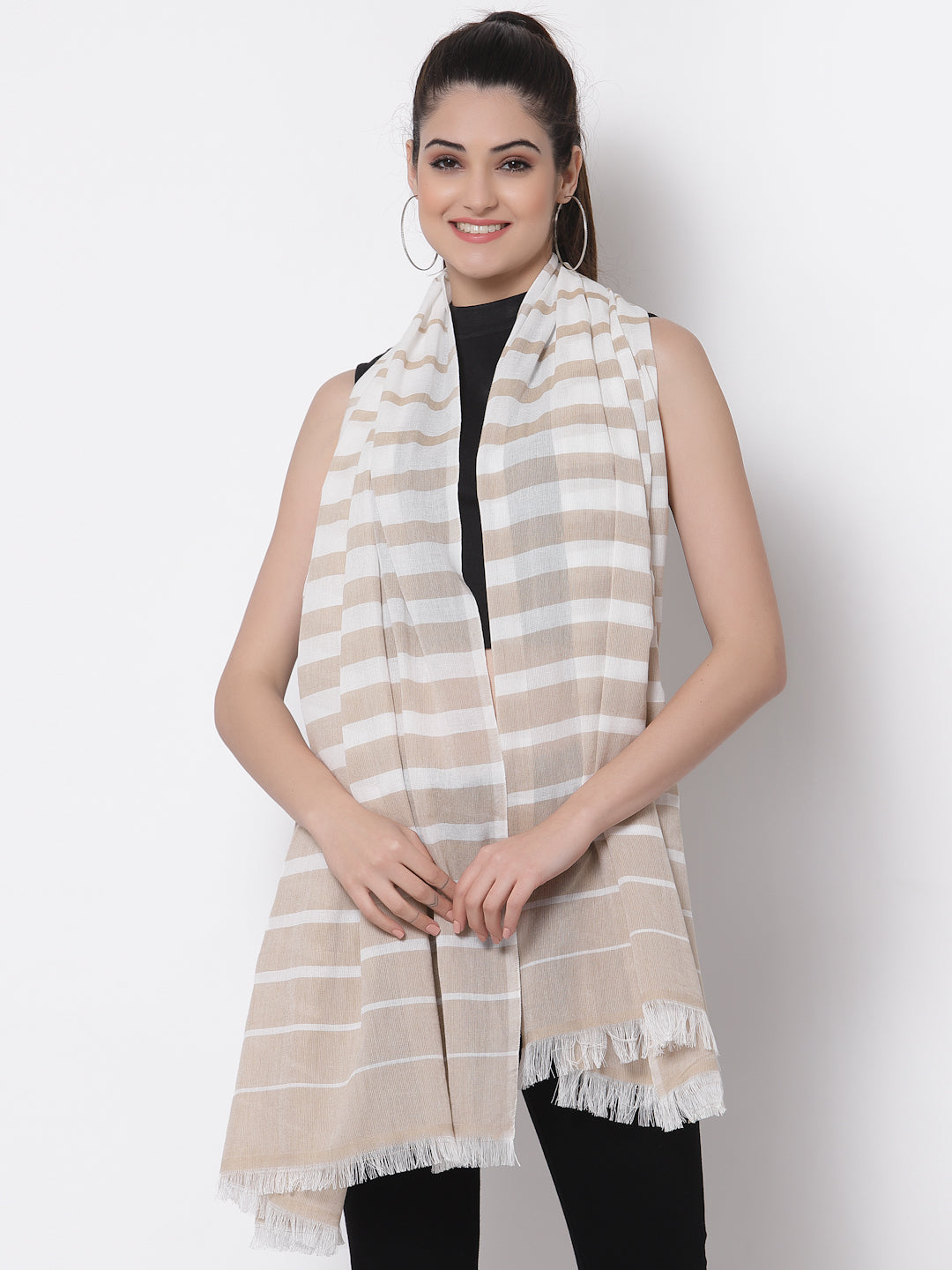Arrabi Beige Stripes Handwoven Cotton Full Size Stole (185 x 85 cm)
