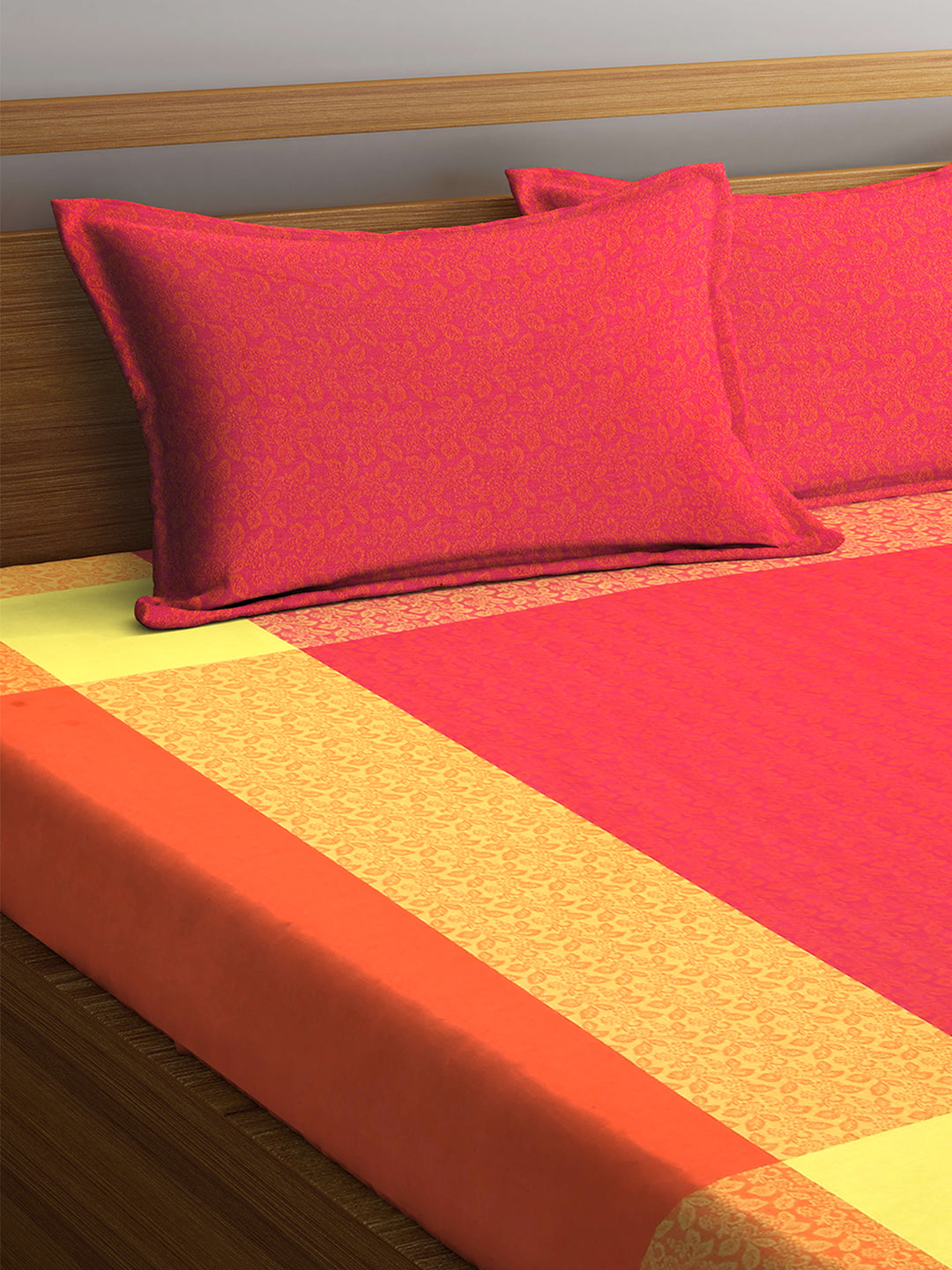 Arrabi Orange Blocks Handwoven Cotton Double Size Bedsheet with 2 Pillow Covers (260 x 230 cm)