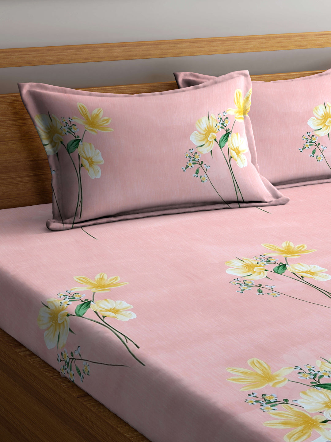 Arrabi Peach Floral TC Cotton Blend Super King Size Fitted Bedsheet with 2 Pillow Covers(270 X 260 Cm )
