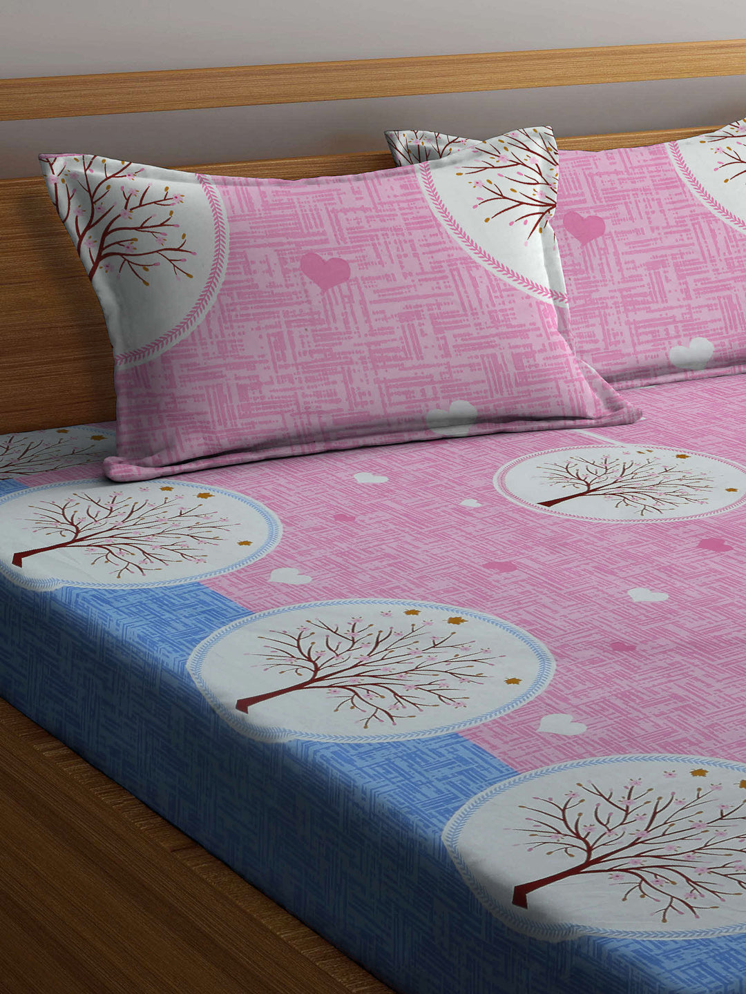 Arrabi Pink Graphic TC Cotton Blend Double King Size Bedsheet with 2 Pillow Covers (270 x 260 cm)