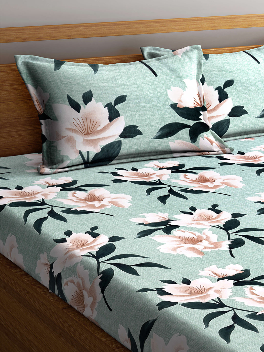 Arrabi Green Floral TC Cotton Blend Double Size Fitted Bedsheet with 2 Pillow Covers (250 X 220 cm)