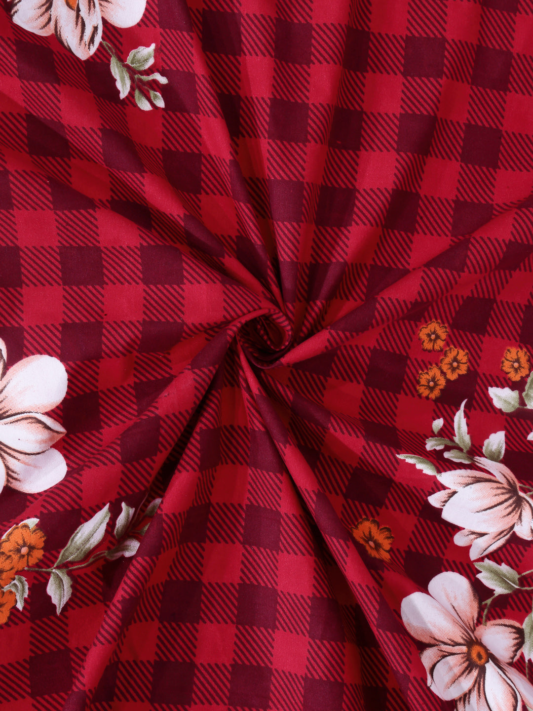Arrabi Red Floral TC Cotton Blend Single Size Bedsheet with 1 Pillow Cover (220 X 150 cm)