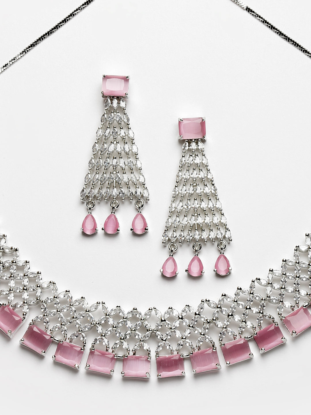 Arrabi Pink American Diamond Jewellery Set with 2 Earrings(30 cm)