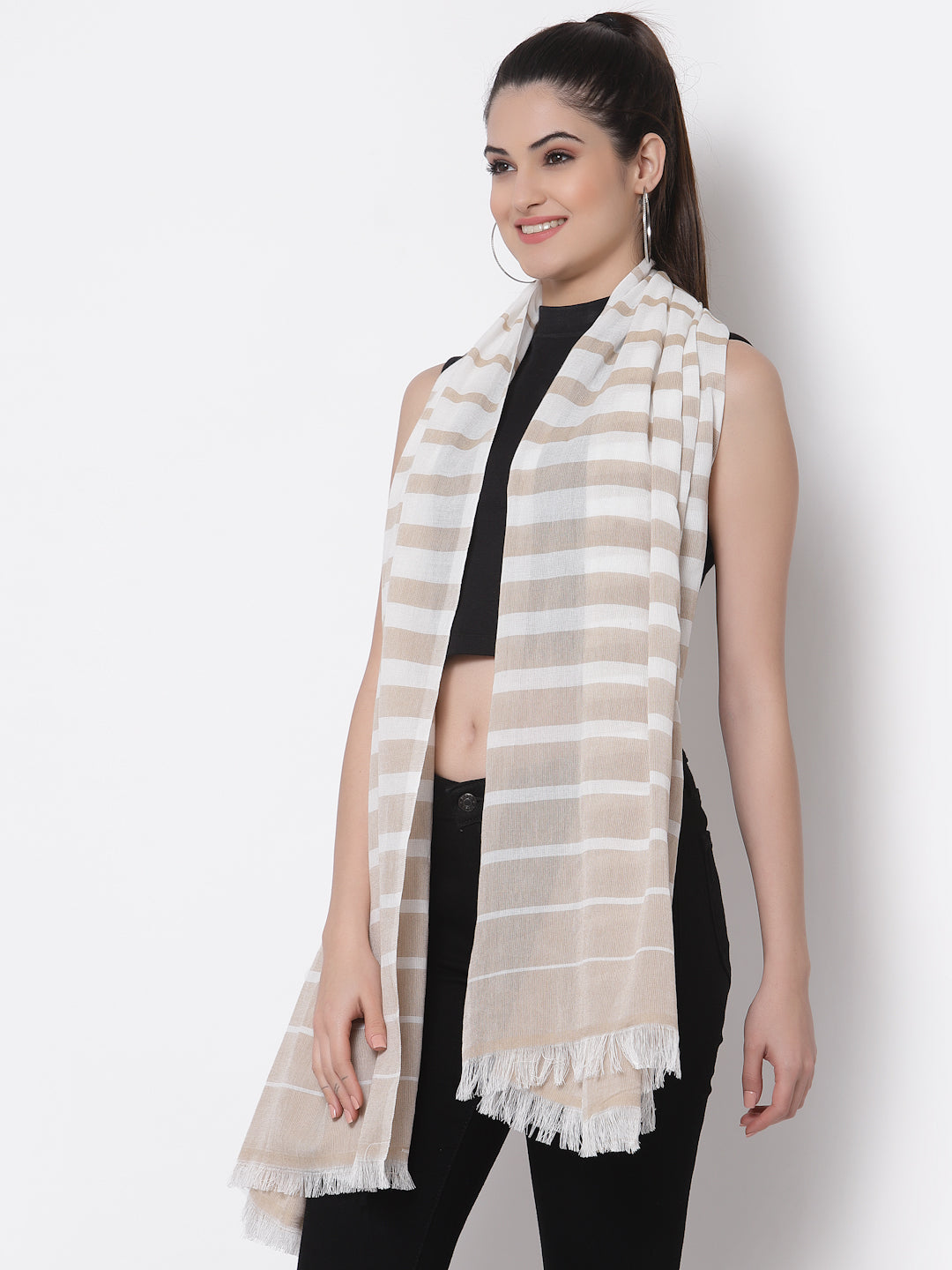 Arrabi Beige Stripes Handwoven Cotton Full Size Stole (185 x 85 cm)