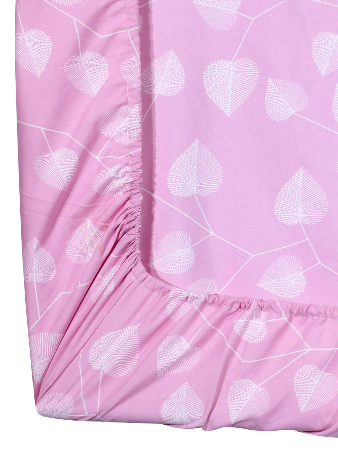 Arrabi Pink Leaf TC Cotton Blend Double Size Fitted Bedsheet with 2 Pillow Covers (250 X 220 cm)