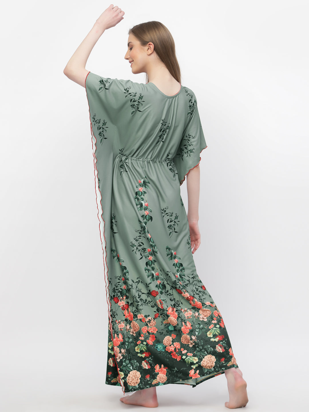 Arrabi Women Olive Floral Kaftan Dress
