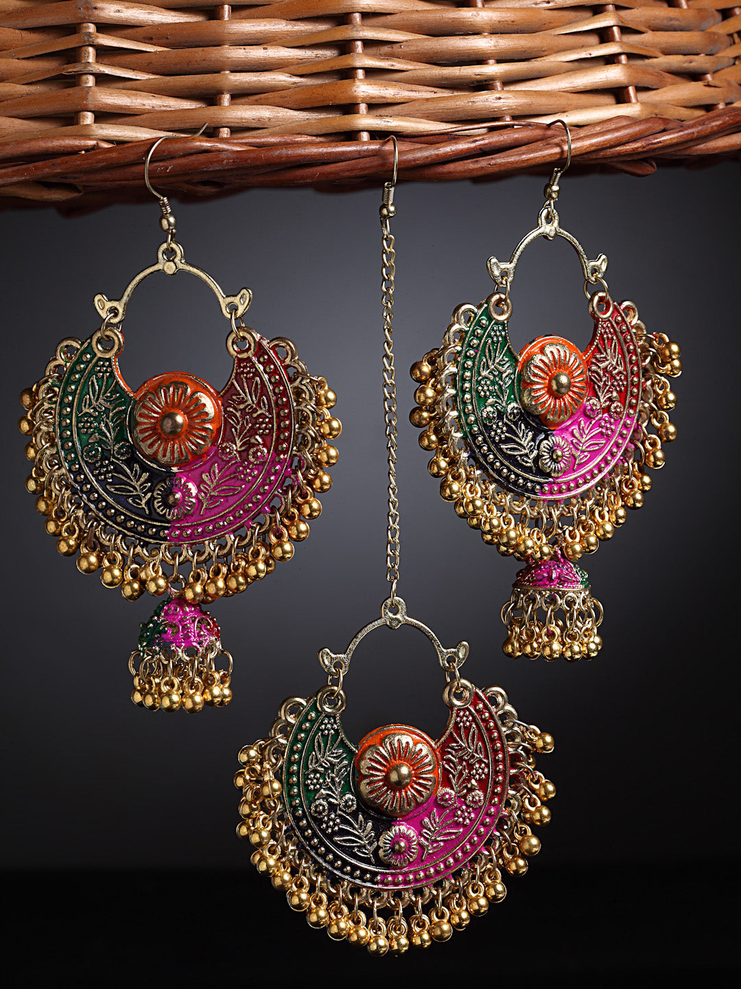 Arrabi Multi Oxidised Kundan Studded Maang Tika & Earrings Set (17 cm)