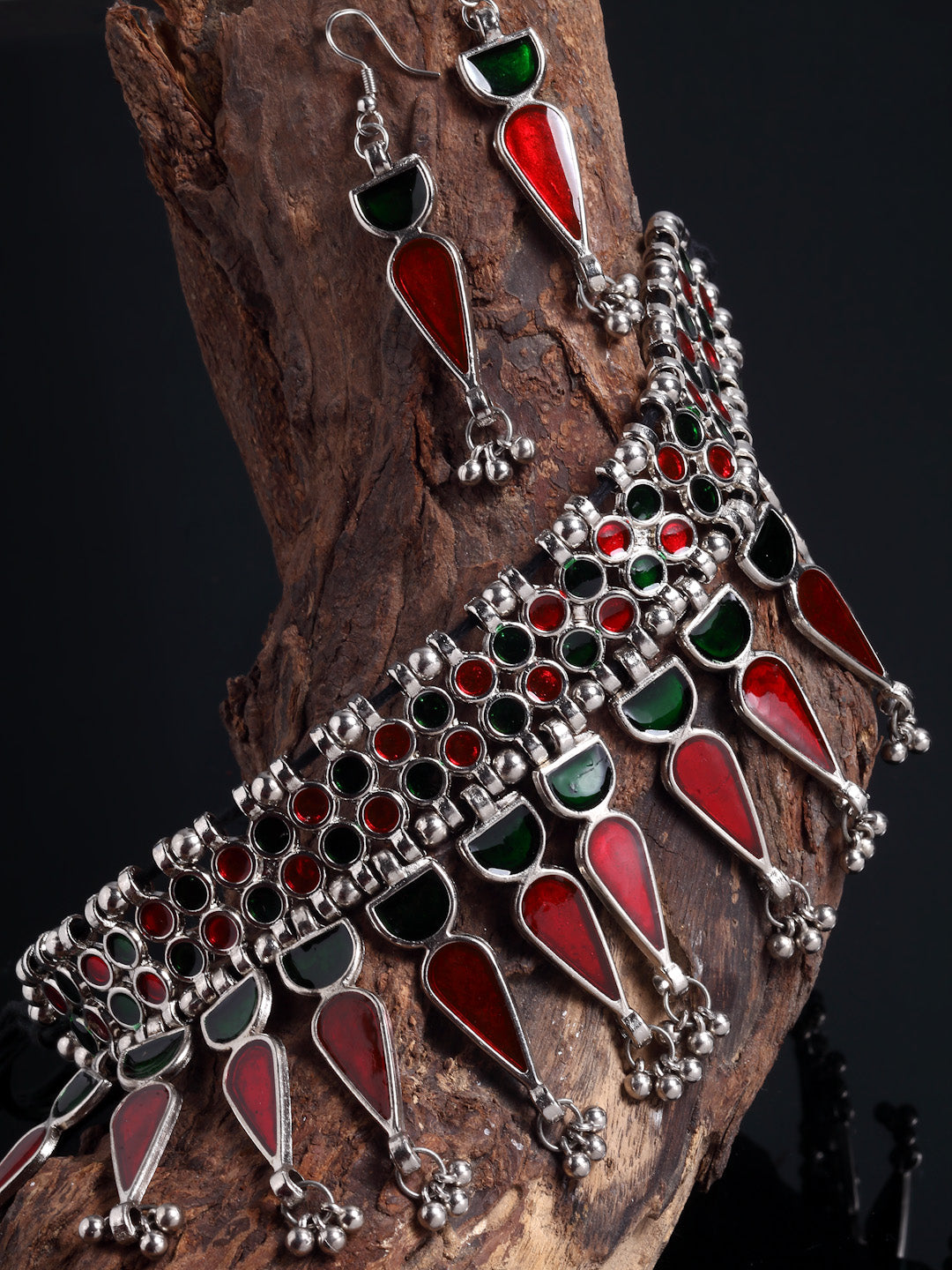 Arrabi Red Meenakari Jewellery Set with 2 Earrings (40 cm)